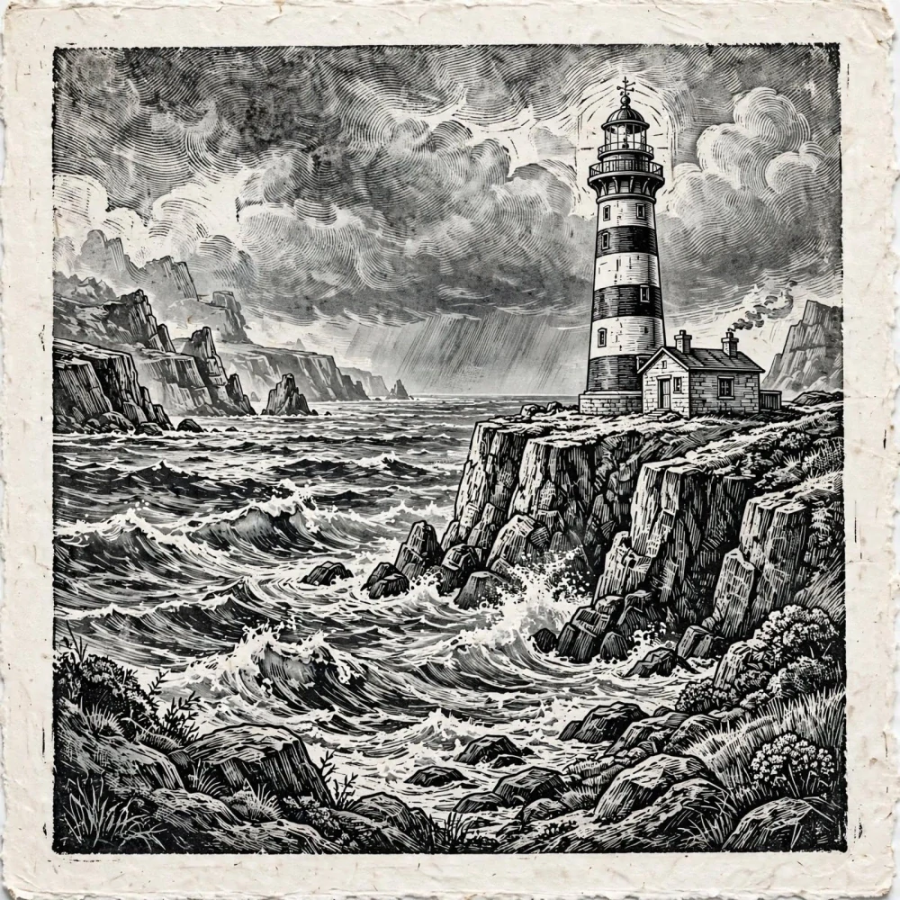 Magnetka MAJÁK č. 28 - Pruhovaný útes v dešti | 15x15 cm | AI Art