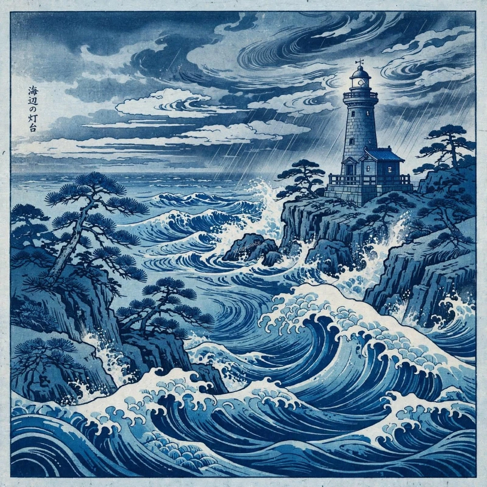Magnetka MAJÁK č. 34 - Japonská bouře | 15x15 cm | AI Art