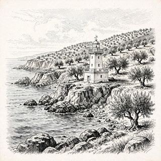 Magnetka MAJÁK č. 02 - Olivový záliv | 15x15 cm | AI Arte v bouři | 15x15 cm | AI Art
